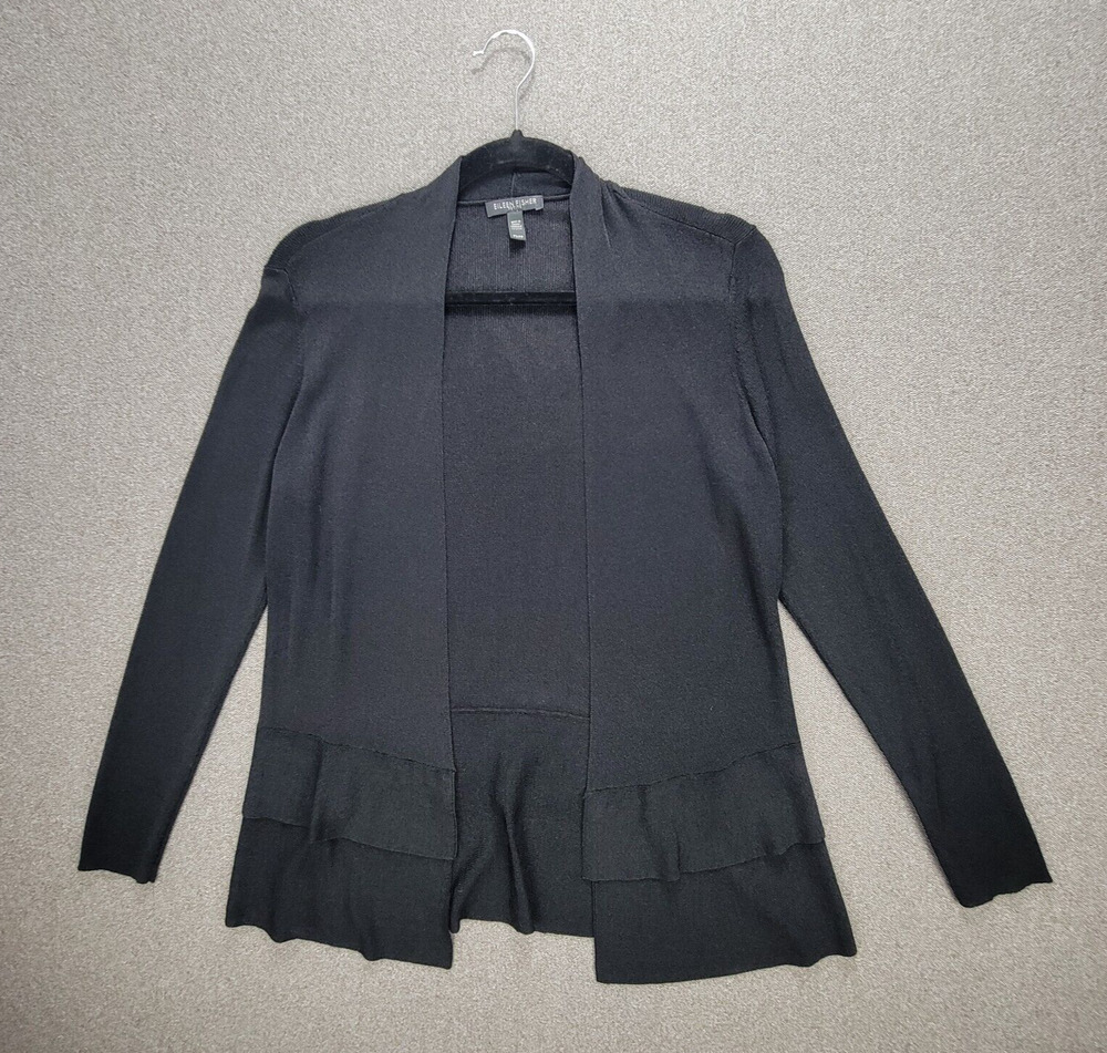 Eileen Fisher Cardigan Womens PS Black Knit Ruffle Peplum Open Front